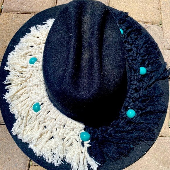 Mama Made USA Handmade macrame hat band natural and black w turquoise beads - Picture 1 of 4